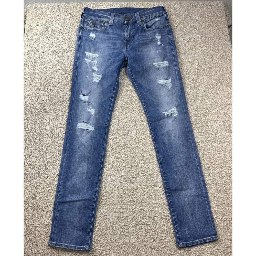 True Religion Jeans Mens 31x33 Blue ROCCO Relaxed Skinny Whiskered Distressed